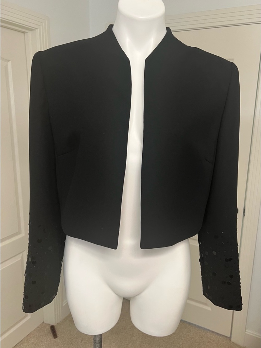 Maggy London Black Cropped Open-Front Blazer with Sequin Sleeves